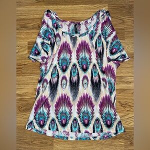 Essentials by Milano Blouse Women’s Large Peacock Feather Designs Multicolored